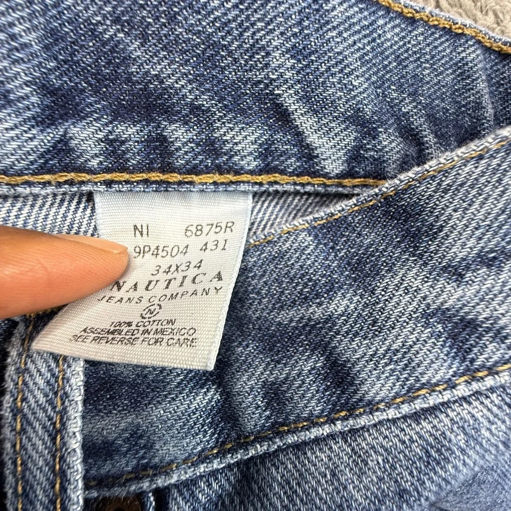 Y2K Nautica Jeans Mens 34 Baggy Cropped Distressed Blue Denim 100% Cotton
